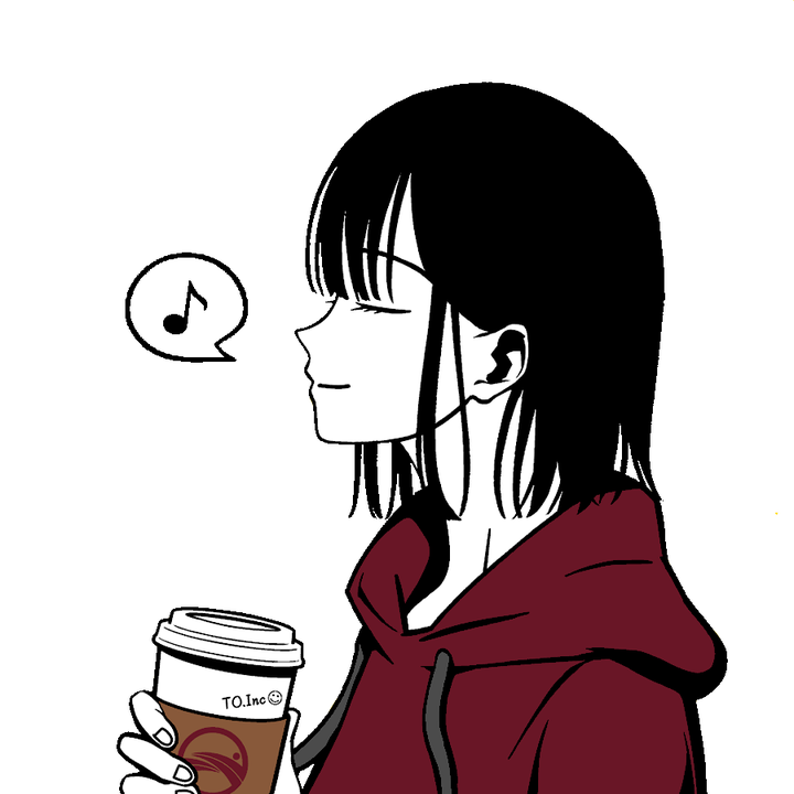 コーヒーを片手にひと息つくスタッフのイラスト